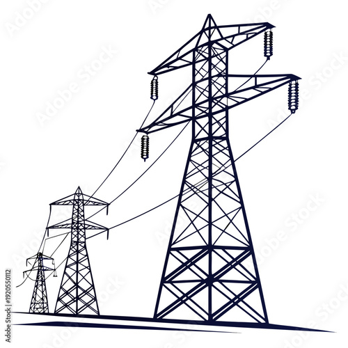 Tall electric power transmission towers with insulators and wires