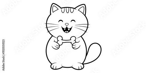 A cute black and white line drawing of a happy smiling cat holding a bone treat in its paws. Vector, illustration