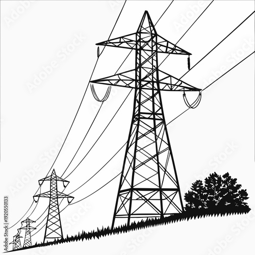 Black and white of voltage electric power transmission towers