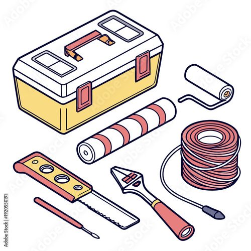 Yellow toolbox with red handles and assorted painting tools