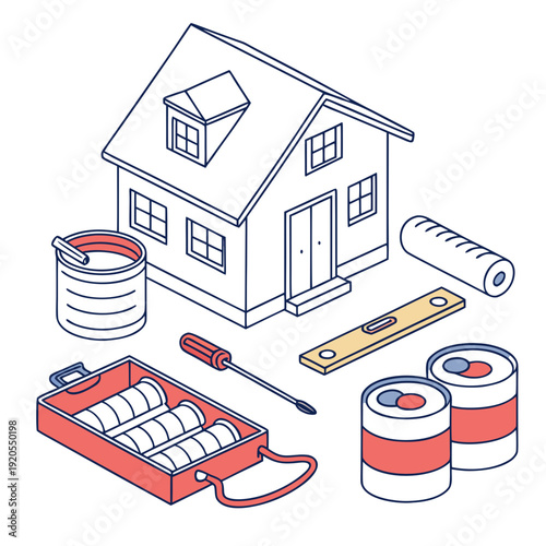 Isometric house with renovation tools and paint