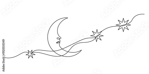 Minimalist one line drawing of a crescent moon with a face and stars on a wavy path. Vector, illustration