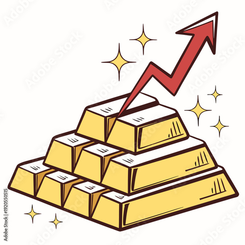 Gold bullion stacked with rising red arrow and sparkles