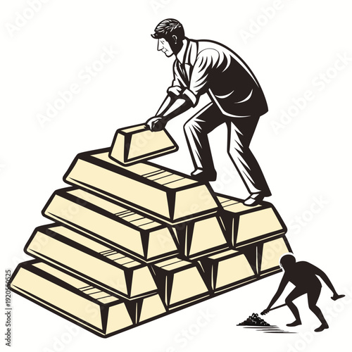 Gold bars stacked with man adding to pile and another collecting