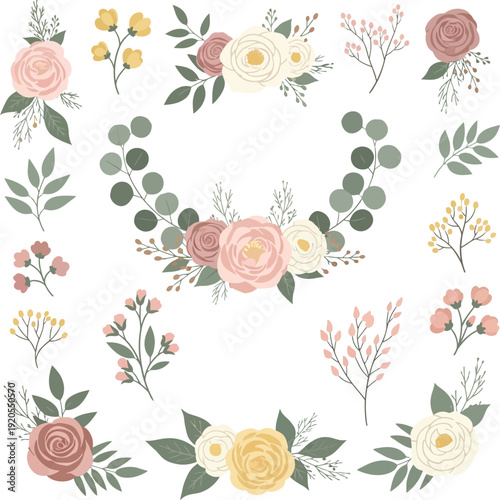 Elegant Pink and Yellow Floral Wreath and Bouquet Collection