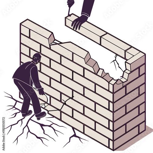 Man demolishing brick wall with cracks and damaged bricks