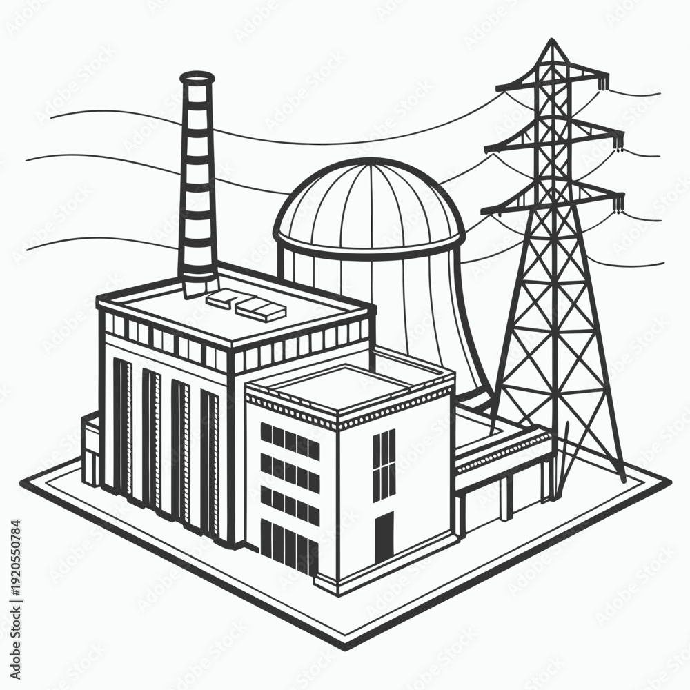 Fototapeta premium Nuclear power plant with cooling tower and transmission tower 1
