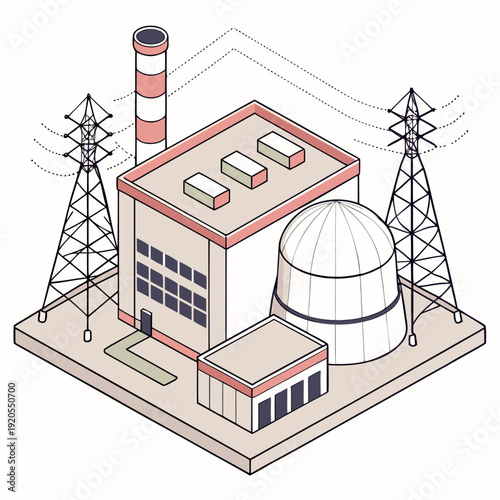 Isometric of electricity plant with cooling tower and transmission towers