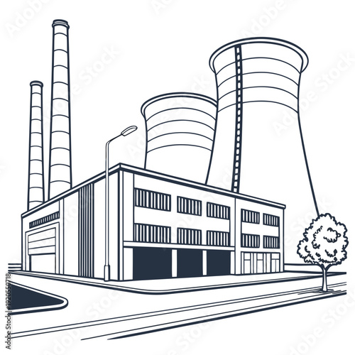 Industrial reactor campus with cooling towers and building