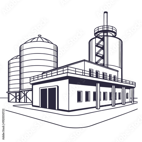 Industrial reactor campus with cylindrical tanks and building