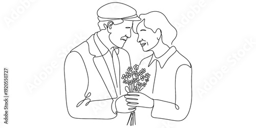A simple line drawing of an elderly couple sharing a romantic moment with a bouquet of flowers Vector, illustration