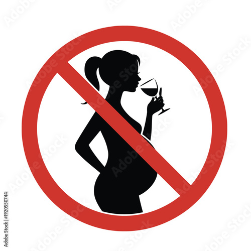 No alcohol during pregnancy sign, depicting a pregnant woman drinking wine inside a red prohibition circle.