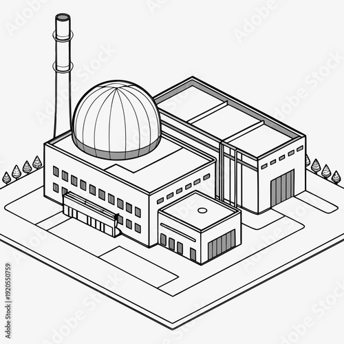 Nuclear power plant with dome and chimney industrial building