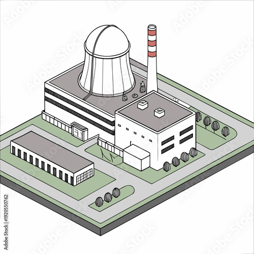 Isometric view of nuclear power plant with cooling tower and smokestack