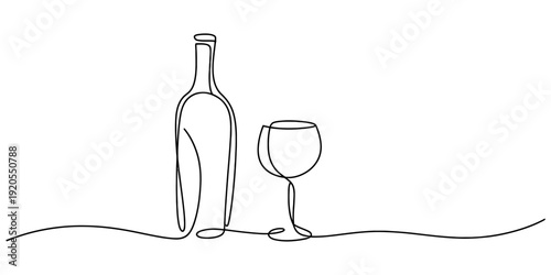 Minimalist single line drawing of a wine bottle and a wine glass on a white background. Vector, illustration
