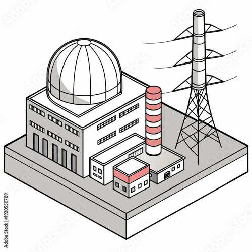 Nuclear power plant with cooling tower and transmission tower