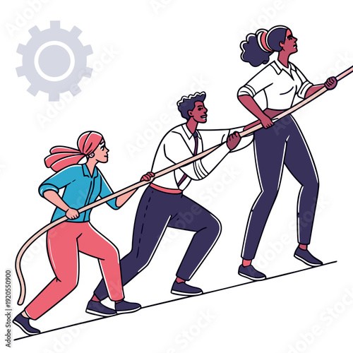 Group of people pulling rope together with gear in background