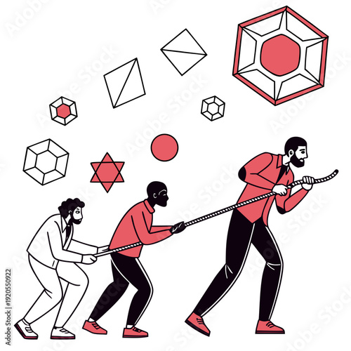 Teamwork tug of war with geometric shapes rope