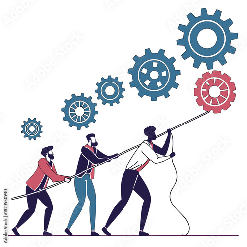 Teamwork concept with men pulling rope to turn gear
