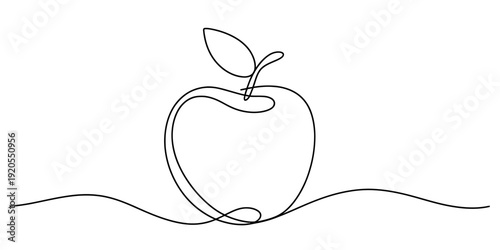 Single continuous line art illustration of a healthy apple fruit with a small leaf Vector, illustration