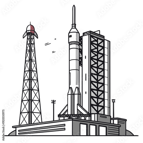 Launch pad with rocket and service tower space shuttle