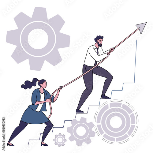 Business teamwork concept with people pulling rope up stairs with gears