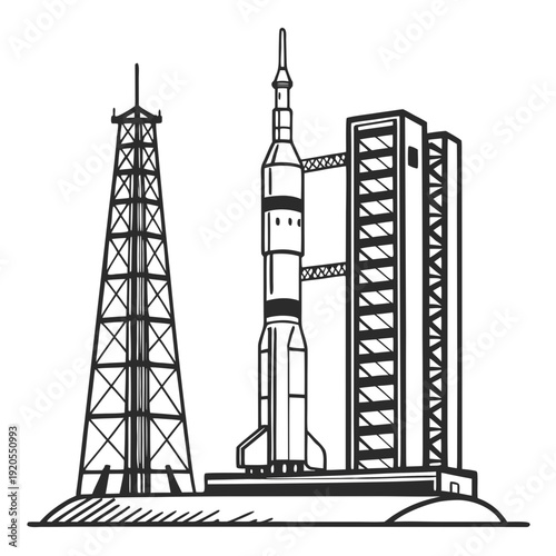 Black and white of a rocket on a launchpad spaceflight