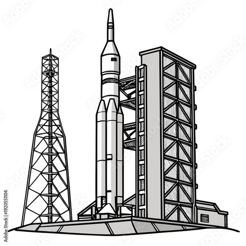 Launch pad with rocket and service tower space spacecraft 1