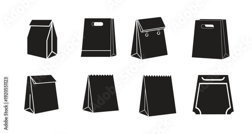 Set of black and white paper shopping bags vector icon illustration