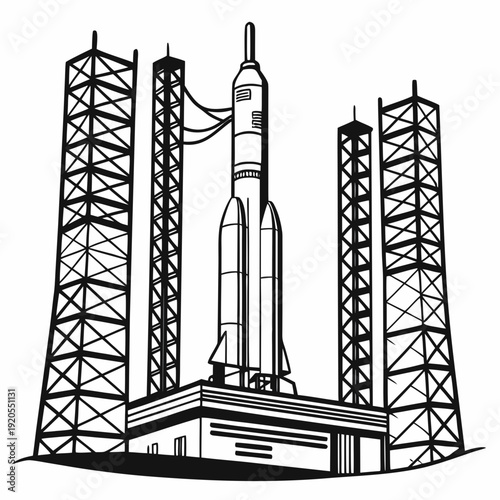 Black and white of rocket on launchpad with towers