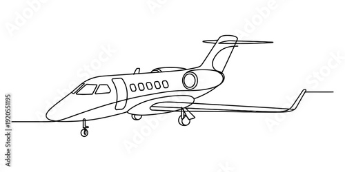 A detailed schematic line drawing illustrating a private business jet with landing gear extended. Vector, illustration