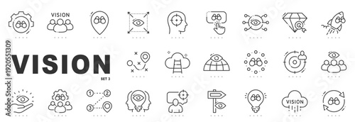 Outline vision icon set representing strategy, foresight, goals, and future planning, featuring clean editable stroke line icons ideal for leadership
