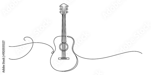 Continuous line art illustration of an acoustic guitar with flowing lines on a white background Vector, illustration