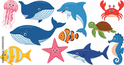 Cute cartoon sea animal vector set featuring whale dolphin shark turtle jellyfish crab seahorse and starfish icons for children education and nursery design.