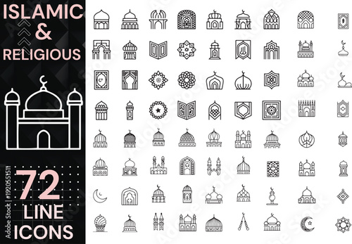 72 Islamic & Religious Line Vector Icon Set – Spiritual Symbols, Worship Elements and Faith Culture Outline Collection