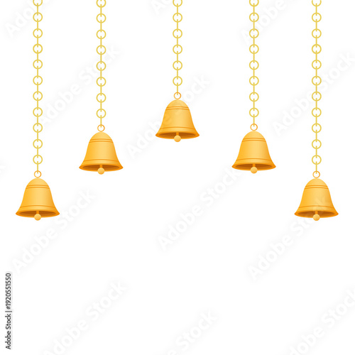 Golden hanging bells on chains, traditional indian decorative elements for festivals like diwali, dussehra and weddings isolated on transparent background 