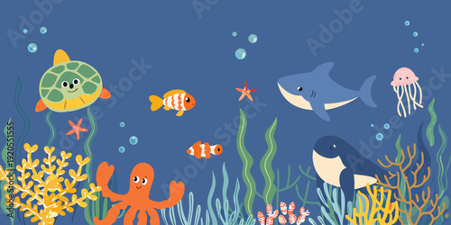 Colorful cartoon illustration of marine life in a blue ocean
