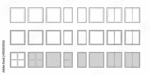 Architectural windows in a grid arrangement showing varied designs