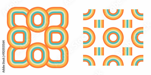 Retro seventies style pattern featuring colorful wavy and geometric shapes