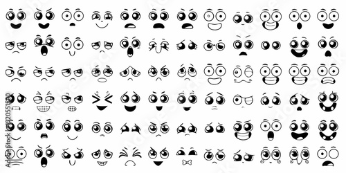 Collection of diverse black and white cartoon mouth and eye expressions