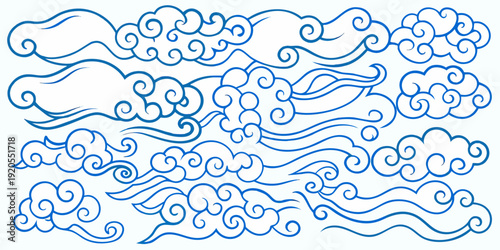 Stylized blue wave patterns resembling clouds traditional asian design