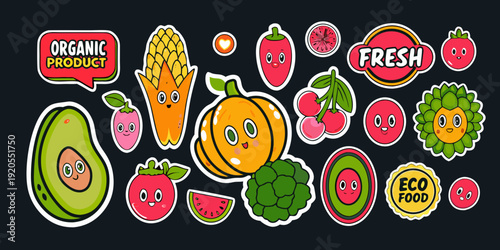 Colorful cartoon stickers depicting various fresh organic fruits and vegetables