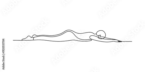 A minimalist line art illustration showing a person lying face down on a surface with arms extended forward Vector, illustration