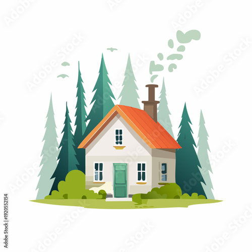 Charming rustic cottage nestled among towering evergreen trees, evoking a peaceful natural forest retreat for idyllic designs