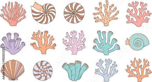 Hand drawn vector set of sea coral reef elements and ocean shells in pastel colors for summer beach branding and marine pattern design.