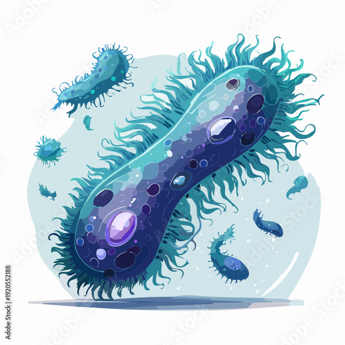 Microscopic organisms with cilia floating in a blue-tinted fluid