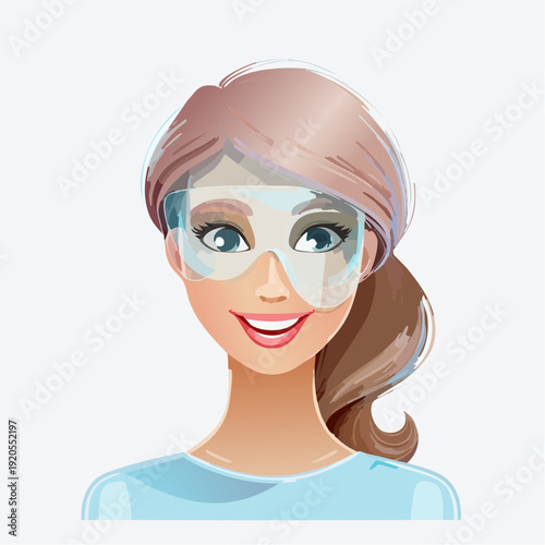 Smiling female professional in protective safety glasses, ready for work or scientific tasks