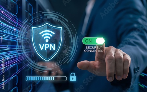 Virtual private network security concept with shield and vpn logo on finger touching switch to securely connected online protection technology  online safety and data encryption