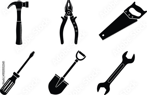 Black vector silhouette set of professional hand tools including a hammer pliers saw screwdriver shovel and wrench for construction hardware and handyman branding