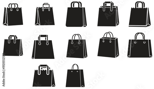 A stylish collection of shopping bags including leather handbags, paper gift bags, and business briefcases in brown and black fashion design